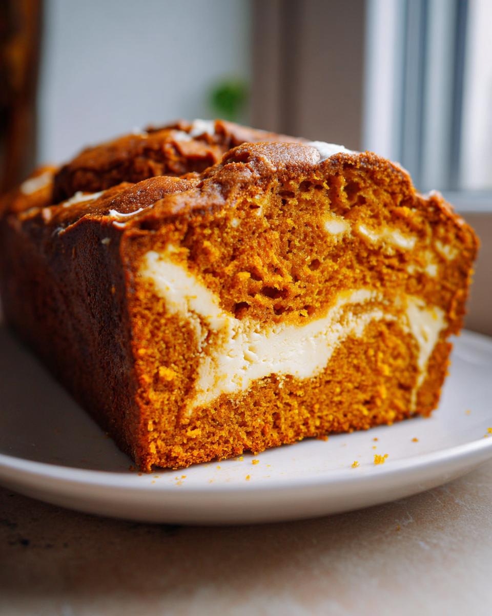 A close-up of a freshly baked pumpkin cream cheese bread loaf showing the bright orange crumb and creamy white swirl.