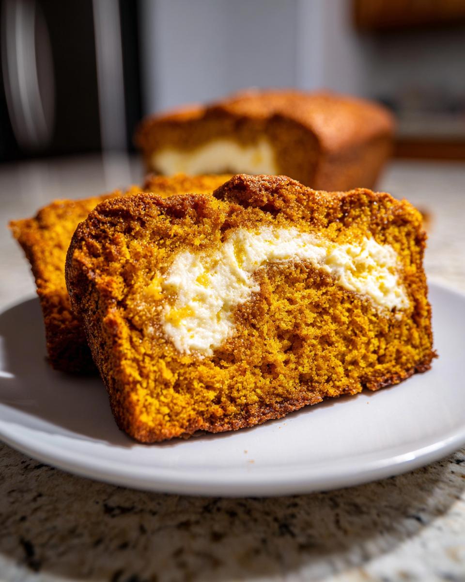 Close-up of a moist slice of pumpkin cream cheese bread showing the bright orange crumb and creamy white filling.