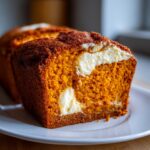 Close-up of a moist slice of pumpkin cream cheese bread showing the bright orange crumb and white cream cheese swirl.