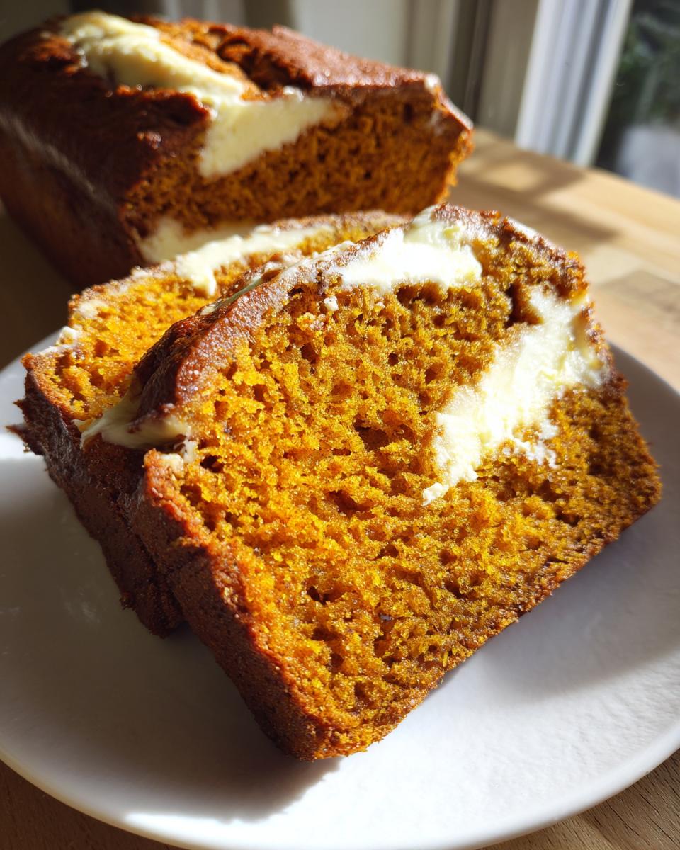 Close-up of two slices of moist pumpkin cream cheese bread showing the bright orange crumb and white cream cheese swirl.
