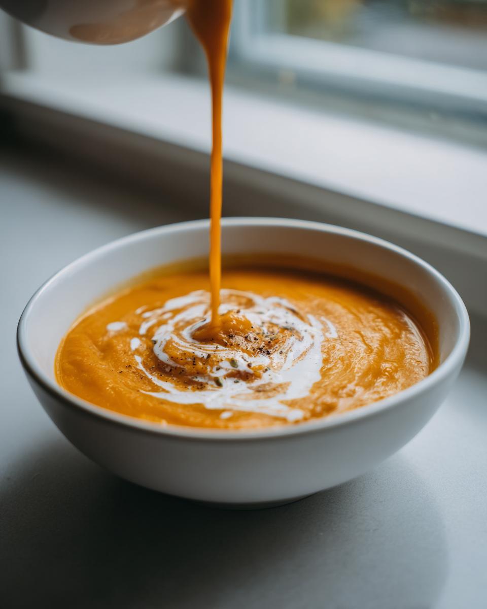 A ladle pours more bright orange pumpkin soup into a white bowl, creating a swirl of cream and cracked pepper on top.