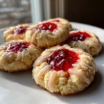 A close-up of several delicious raspberry thumbprint cookies topped with bright red jam and a light sugar glaze.