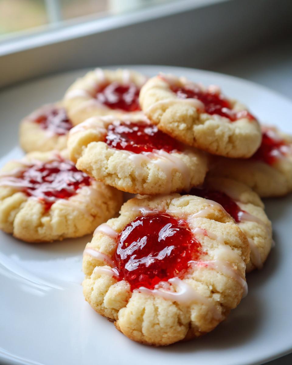A stack of buttery raspberry thumbprint cookies topped with bright red jam and a light white glaze.