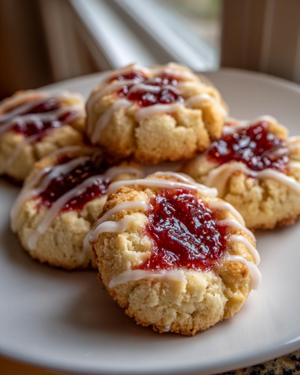 Close-up of several golden raspberry thumbprint cookies topped with bright red jam and white icing drizzle.