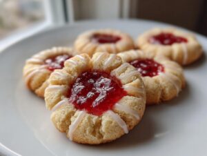 Four raspberry thumbprint cookies with bright red jam centers and white icing drizzle on a white plate.