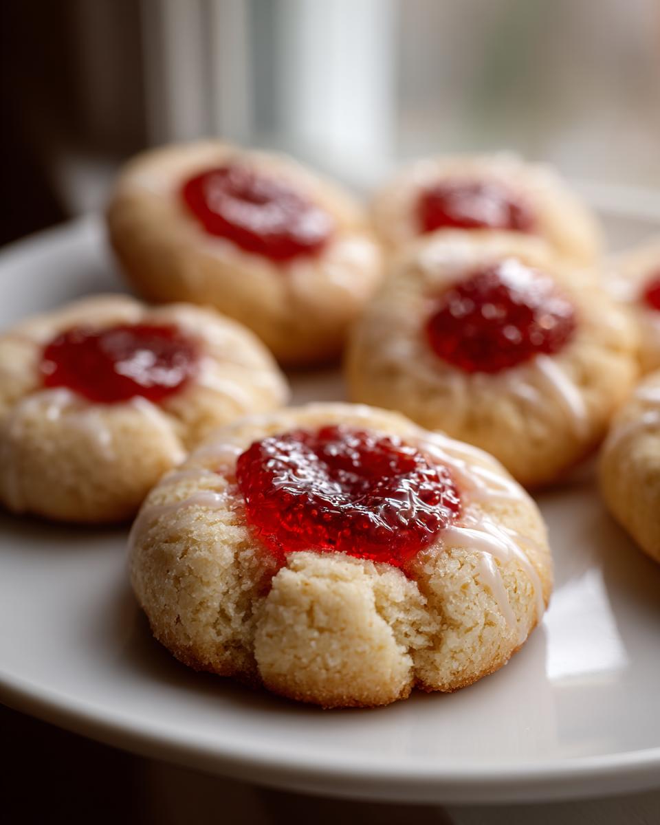 Close-up of several raspberry thumbprint cookies on a white plate, featuring bright red jam centers and a light glaze.
