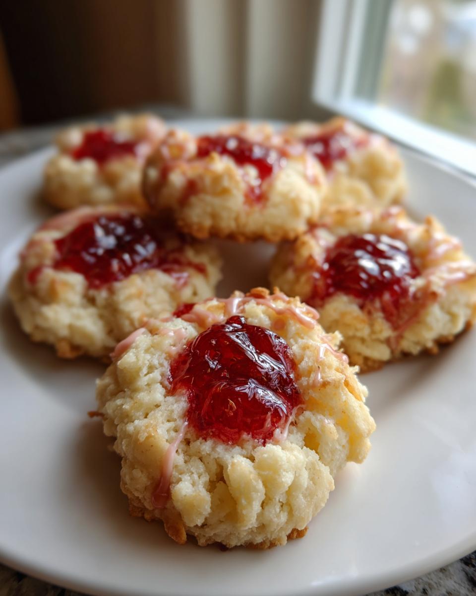 Close-up of several raspberry thumbprint cookies with bright red jam centers on a white plate.