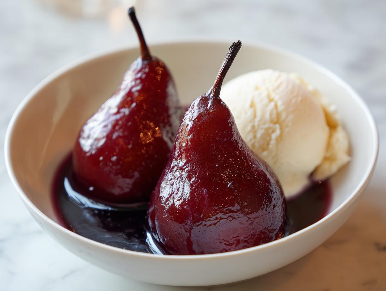 Two glossy, deep red poached pears served in a white bowl next to a scoop of vanilla ice cream.