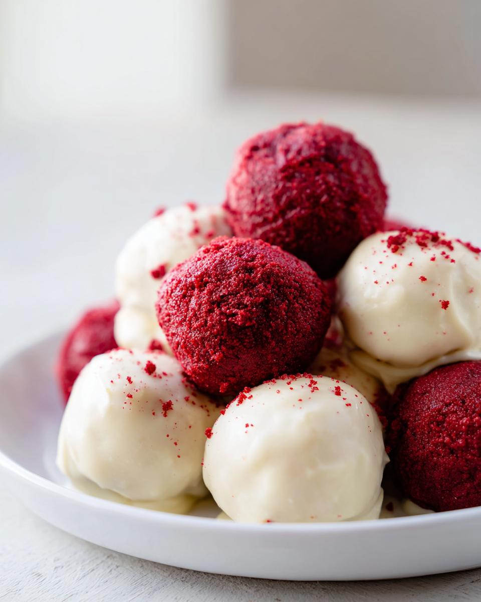 A close-up of mixed red velvet cake balls, some coated in white chocolate and others dusted with red crumbs.