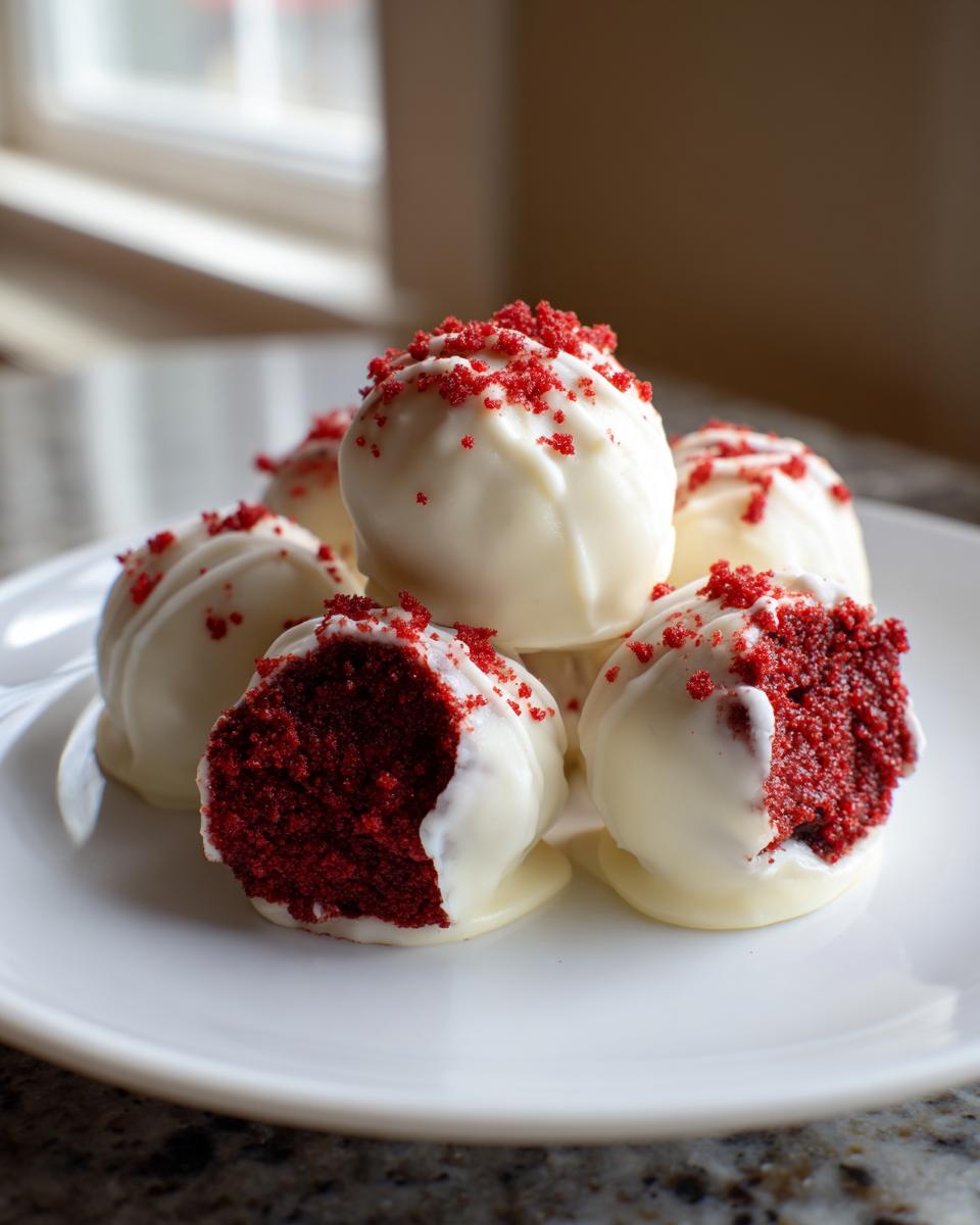 A stack of white chocolate coated red velvet cake balls, one cut open revealing the deep red interior and topped with red crumbs.