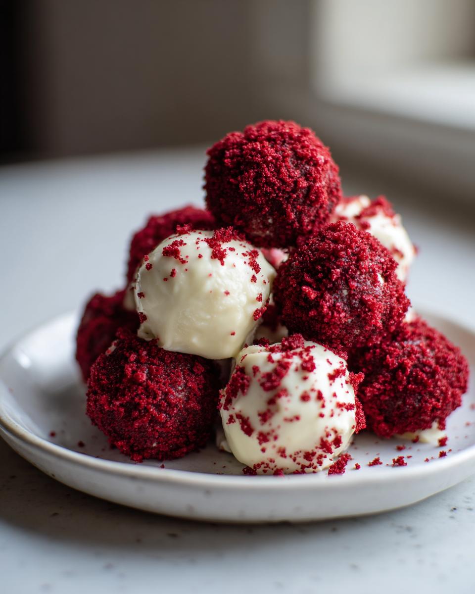 A close-up of a pile of vibrant red velvet cake balls, some coated in red crumbs and others dipped in white chocolate.