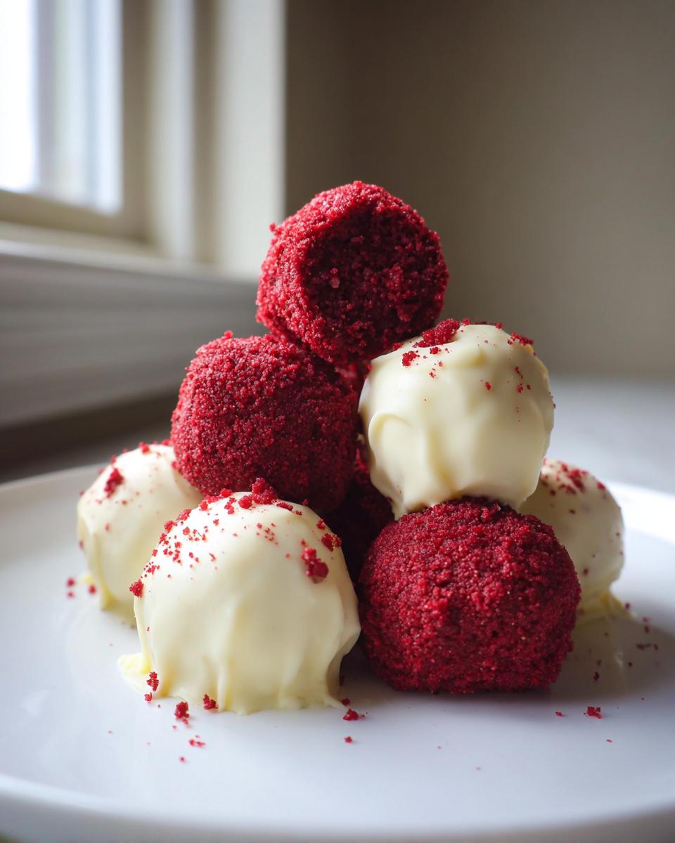A stack of vibrant red velvet cake balls, some covered in white chocolate, served on a white plate.