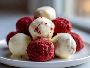 A close-up of several red velvet cake balls, some coated in white chocolate, stacked on a white plate.