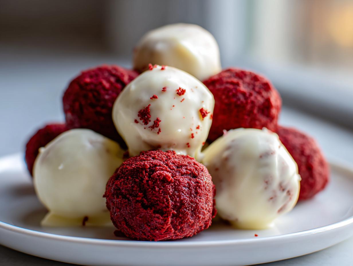 A close-up of several red velvet cake balls, some coated in white chocolate, stacked on a white plate.