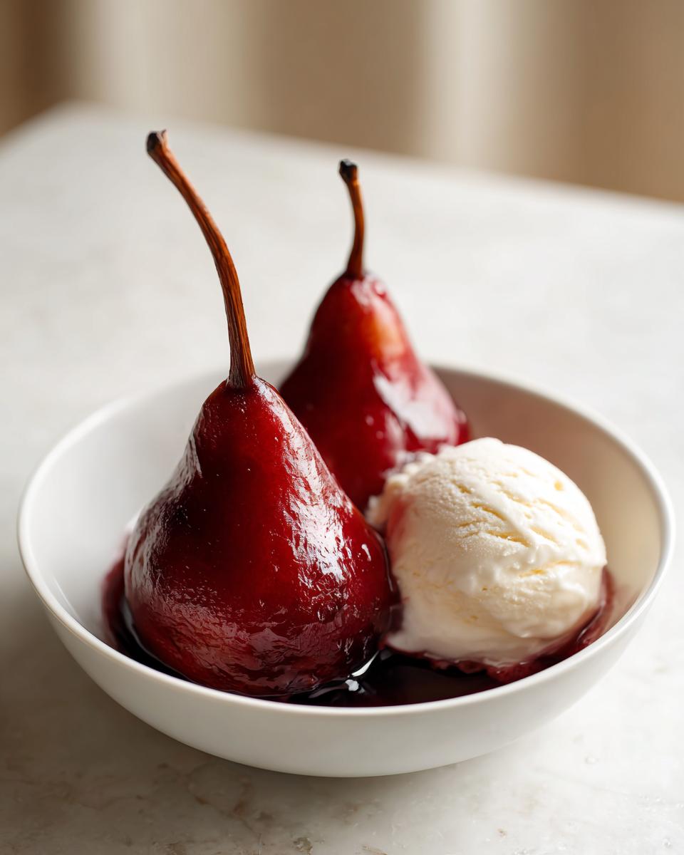 Two deep red poached pears served in syrup with a scoop of vanilla ice cream in a white bowl.