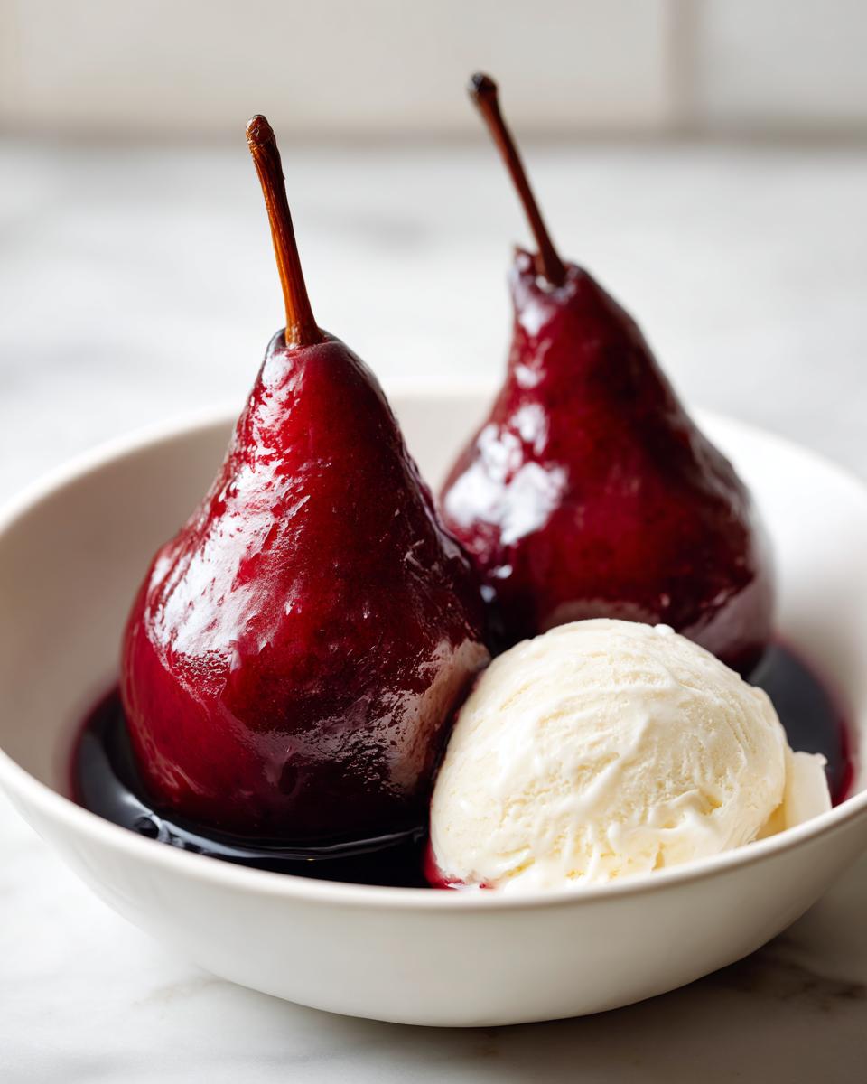 Two glossy, deep red poached pears served in a white bowl with a scoop of vanilla ice cream.