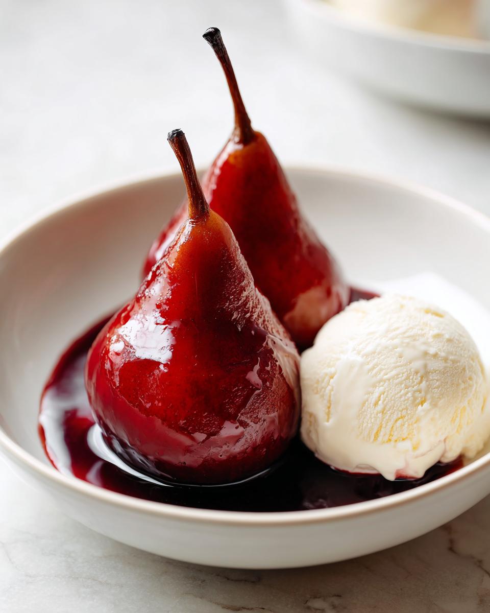 Two glistening, deep red poached pears served in a white bowl with vanilla ice cream and syrup.