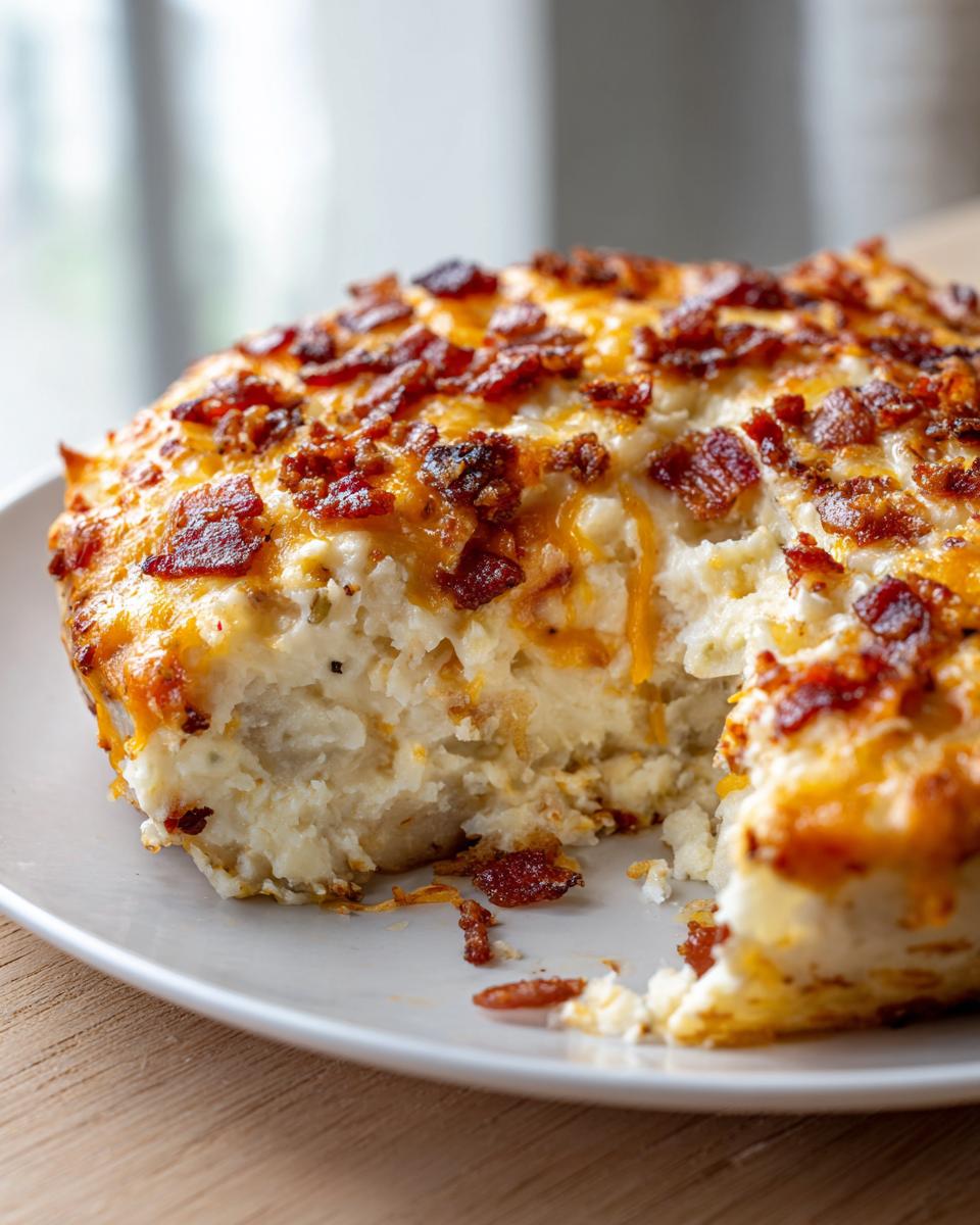 A scoop taken out of a rich baked potato casserole topped with melted cheddar cheese and crispy bacon bits.