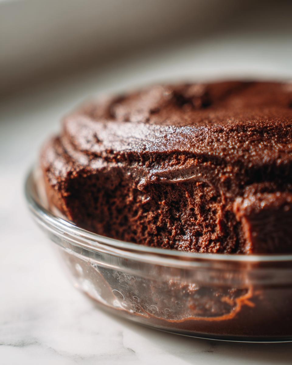 Close-up of rich, dark homemade chocolate pudding set in a clear glass serving dish.