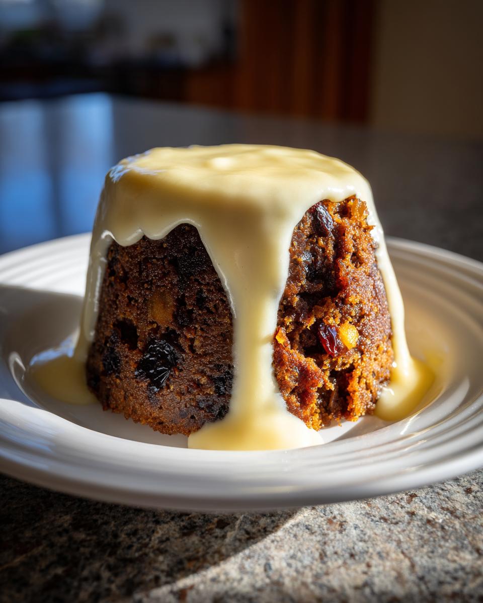 A close-up of a dark, rich plum pudding topped generously with flowing vanilla custard sauce.
