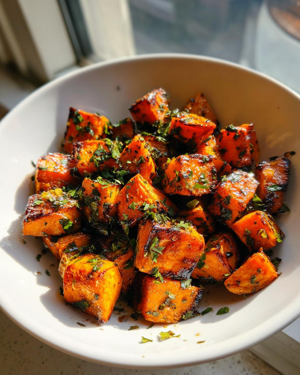 Close-up of roasted, caramelized sweet potatoes cubes garnished with fresh green herbs.