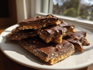 A stack of rich, chocolate-topped saltine cracker toffee pieces piled on a white plate near a window.