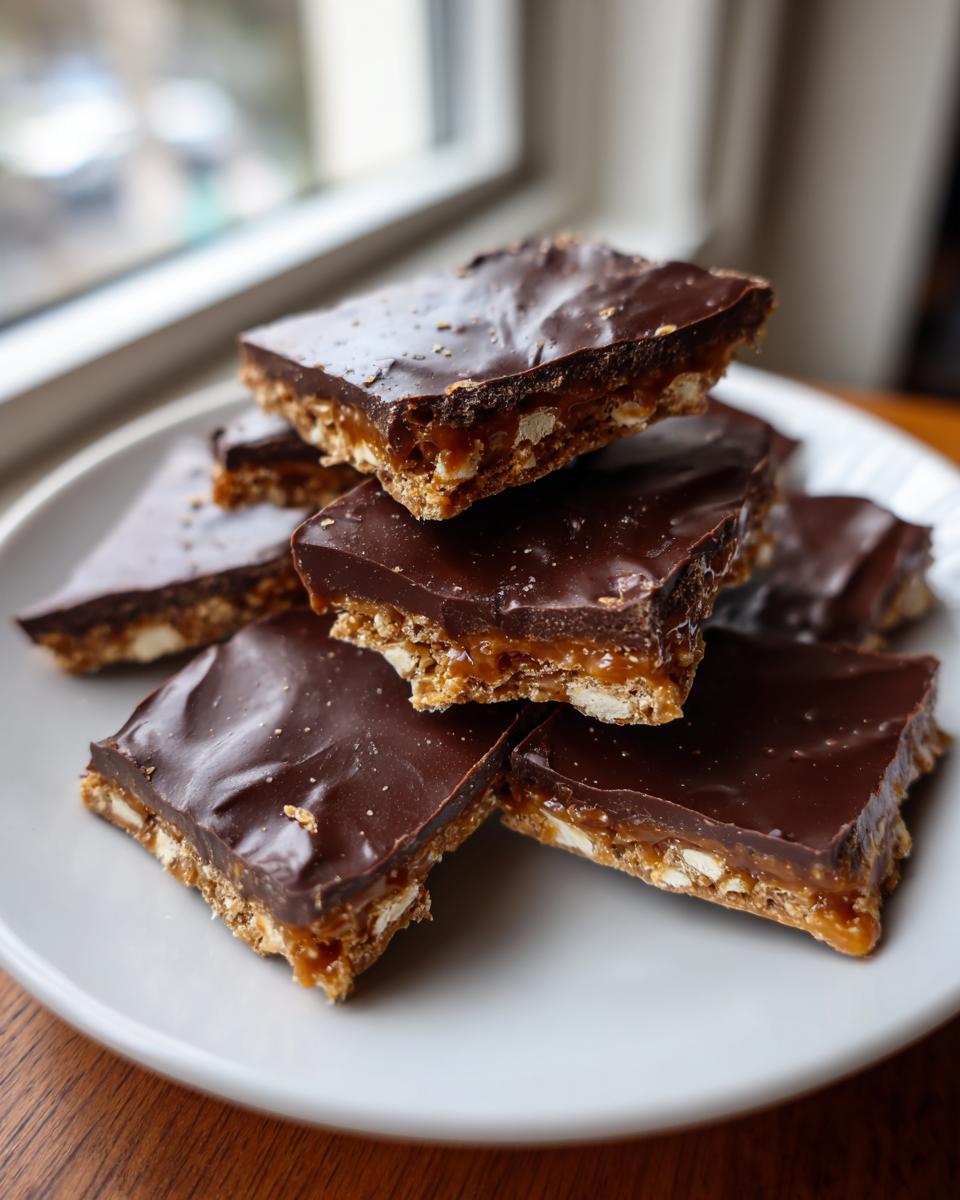 A stack of rich saltine cracker toffee squares featuring a thick chocolate topping and gooey caramel layer.