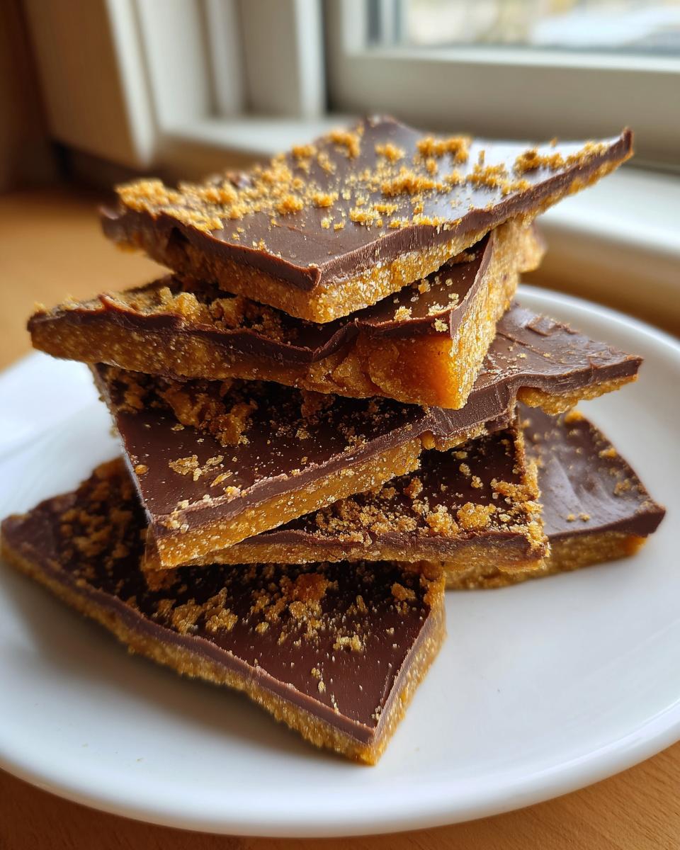 A stack of broken pieces of saltine cracker toffee with a chocolate top layer and crumbly topping.