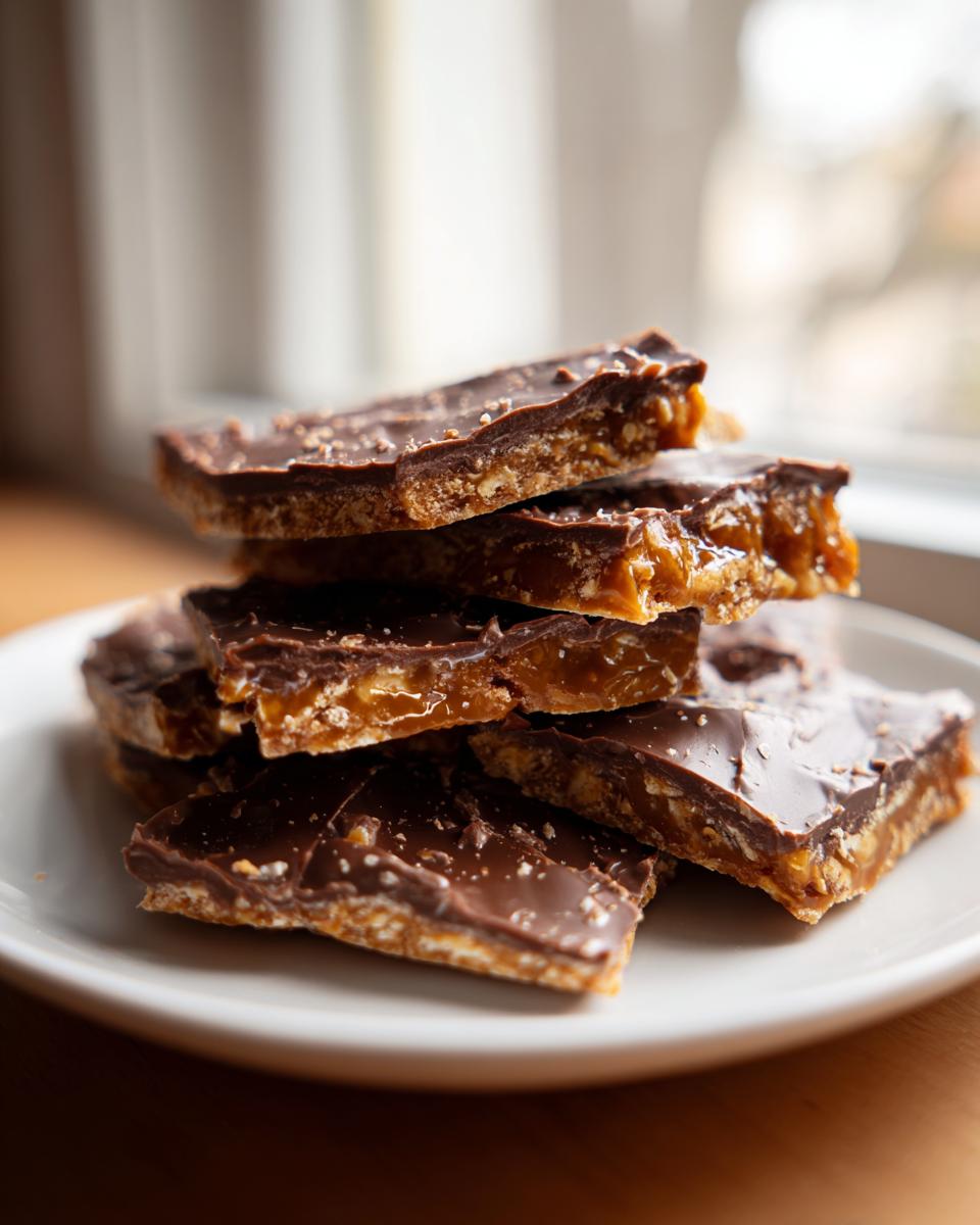 A stack of homemade saltine cracker toffee pieces with a thick chocolate topping and visible caramel layer.
