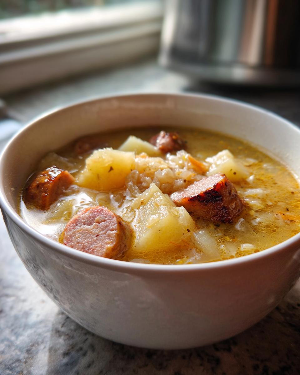 Close-up of a white bowl filled with rich sauerkraut soup containing chunks of potato and sliced smoked sausage.