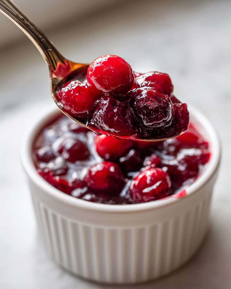 A spoonful of bright red, whole-berry cranberry sauce being lifted from a white ramekin.