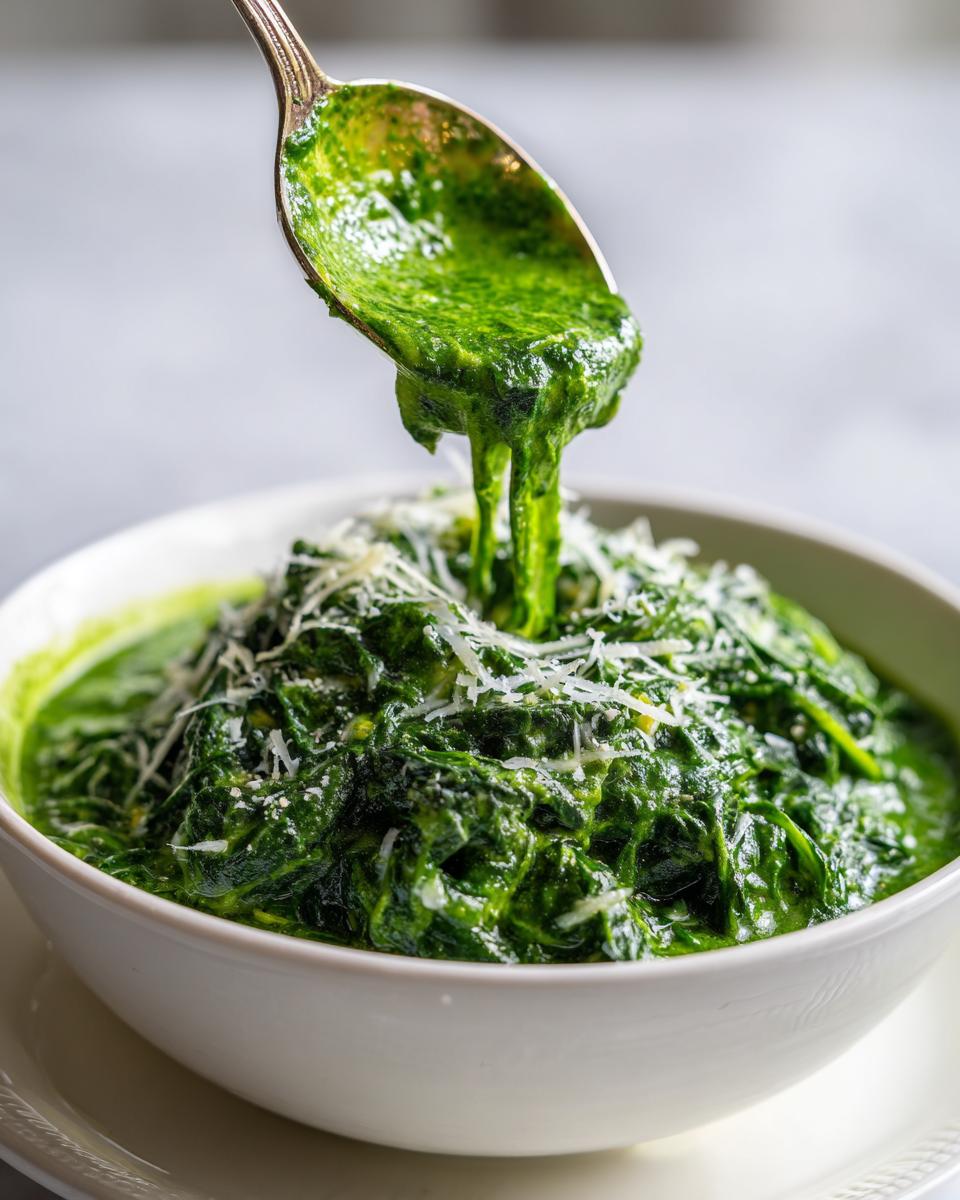 A spoonful of rich, bright green creamed spinach recipe is drizzled over a bowl topped with grated Parmesan cheese.