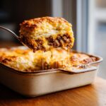 A spoonful of hot john wayne casserole lifts out, showing melted cheese dripping from the beef layer.
