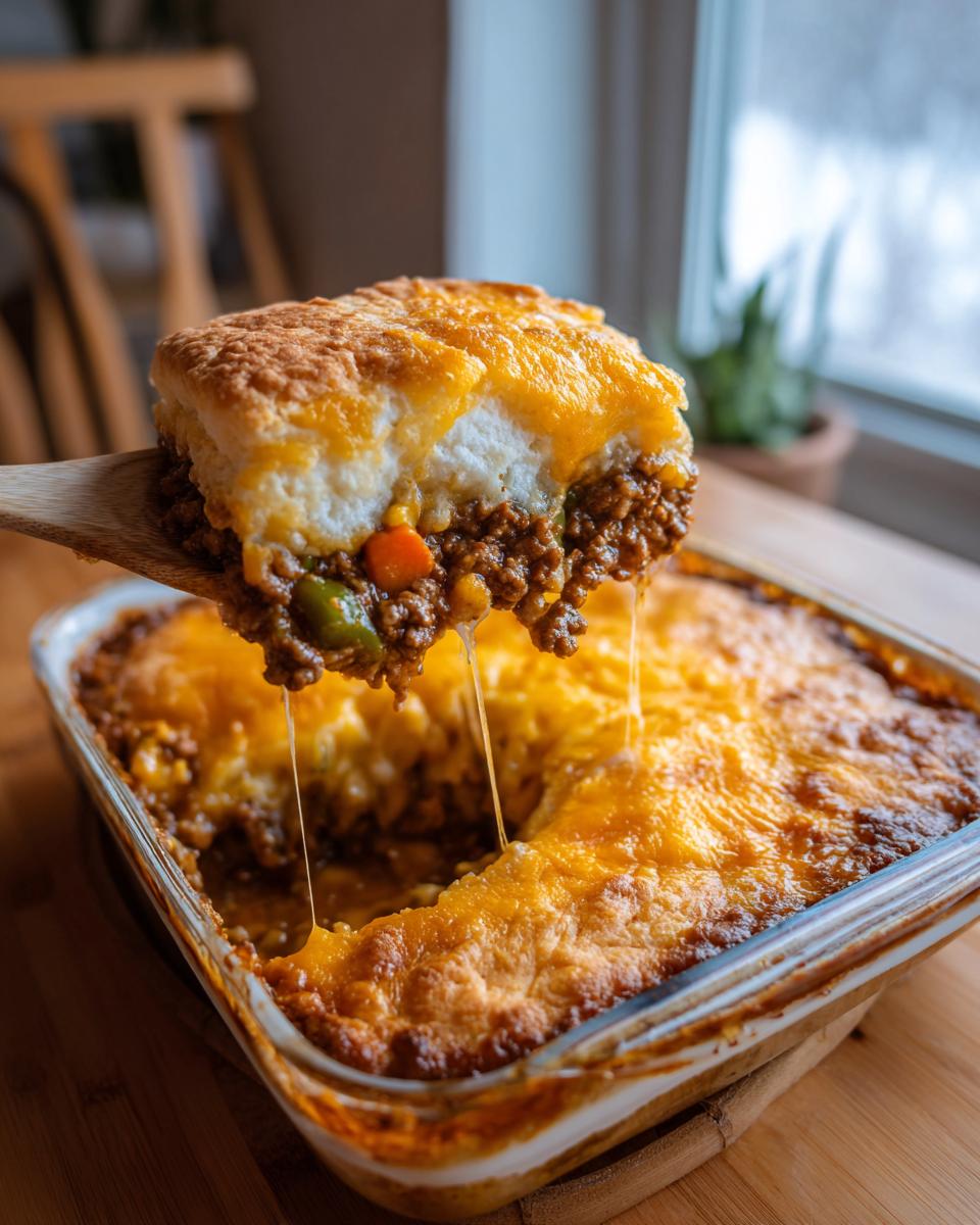 A wooden spoon lifts a cheesy, layered slice of john wayne casserole from a baking dish, showing melted cheese strings.