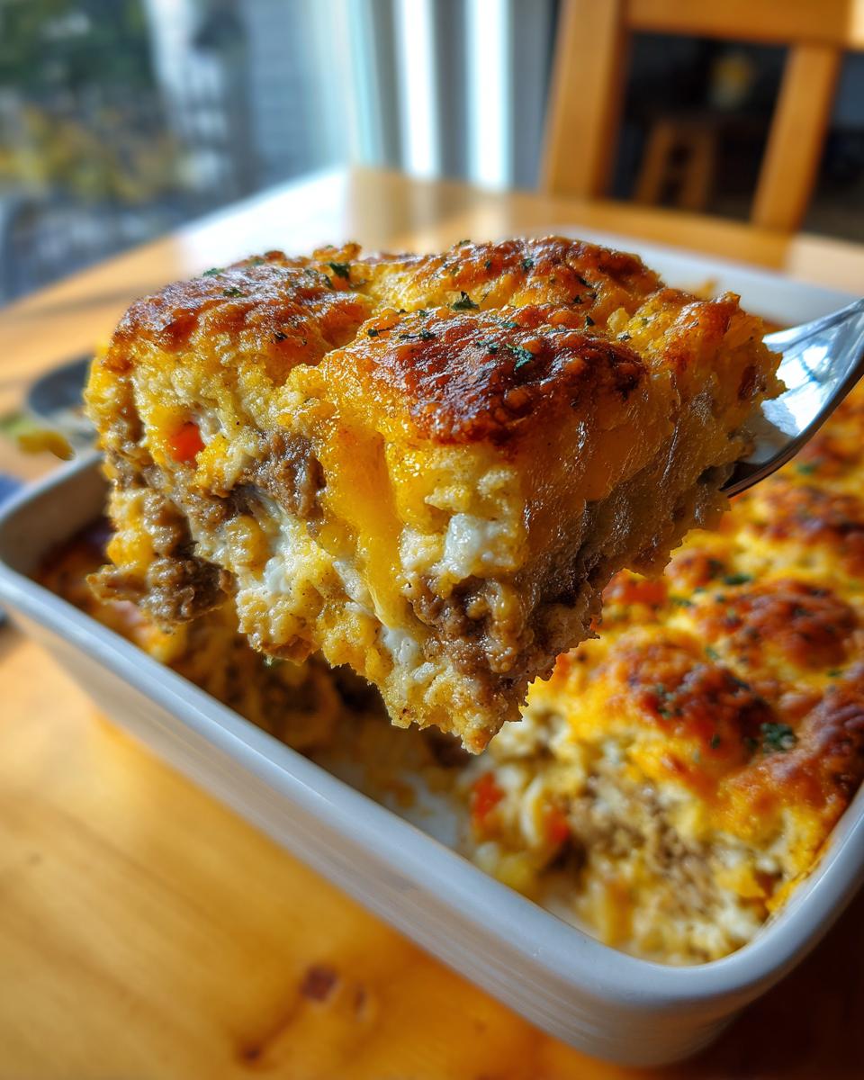 A fork lifts a cheesy, golden-brown slice of john wayne casserole out of a white baking dish.