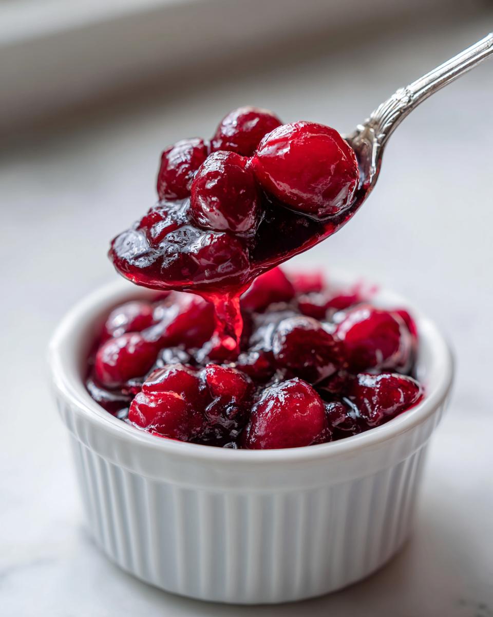 A silver spoon lifts a spoonful of whole-berry cranberry sauce from a white ramekin.