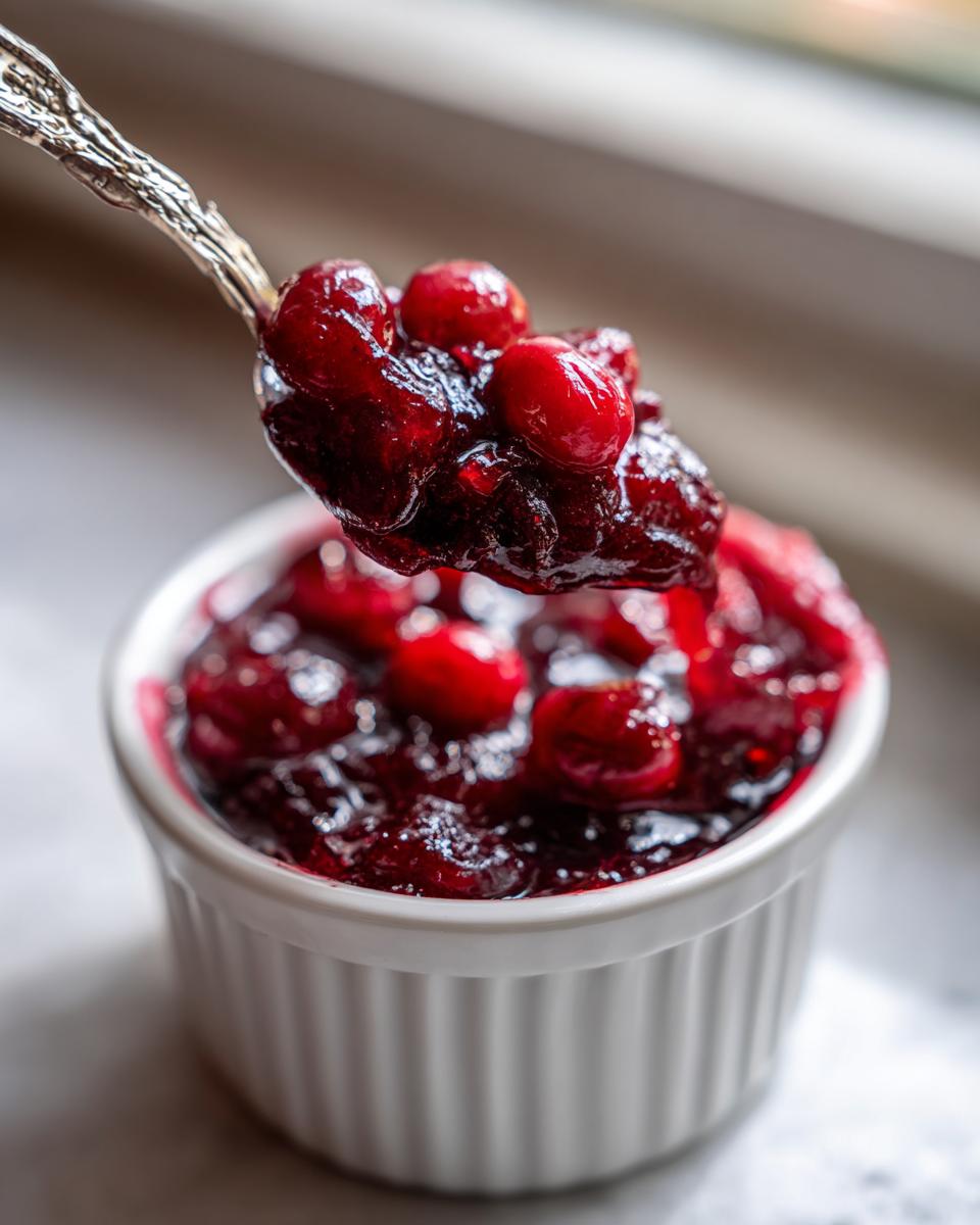 A silver spoon lifting a spoonful of chunky homemade cranberry sauce out of a white ramekin.