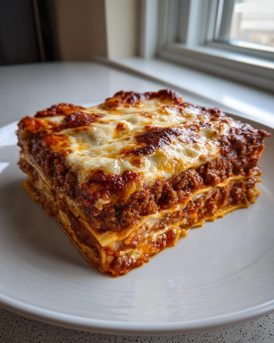 A tall, square slice of homemade sheet pan lasagna featuring layers of pasta, rich meat sauce, and bubbly, browned cheese topping.