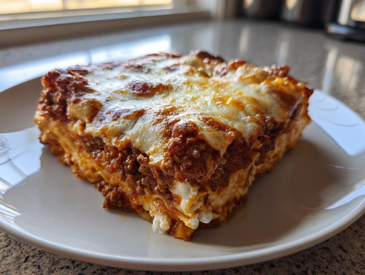 A thick, layered slice of sheet pan lasagna featuring rich meat sauce and melted, browned cheese on top.