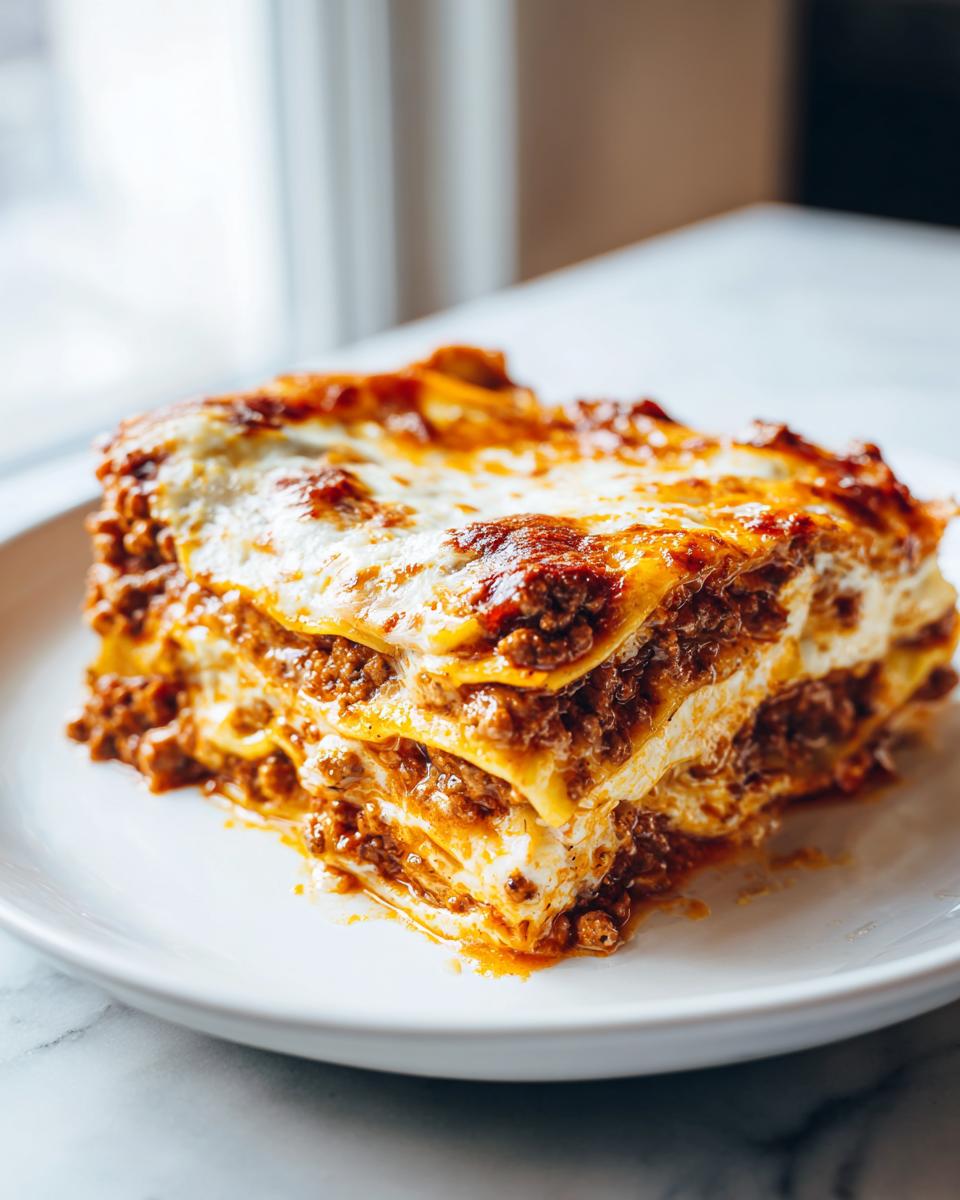 A thick, cheesy slice of sheet pan lasagna with rich meat sauce resting on a white plate.