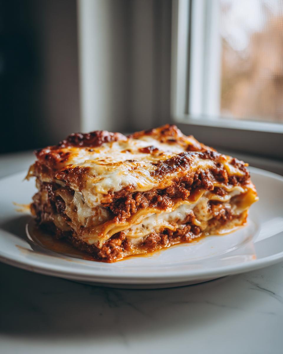A thick, layered slice of sheet pan lasagna with rich meat sauce and melted cheese, sitting on a white plate.