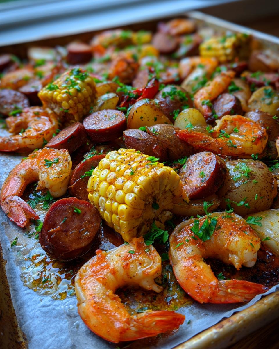 Close-up of a vibrant sheet pan shrimp boil featuring seasoned shrimp, sliced sausage, corn on the cob, and potatoes.