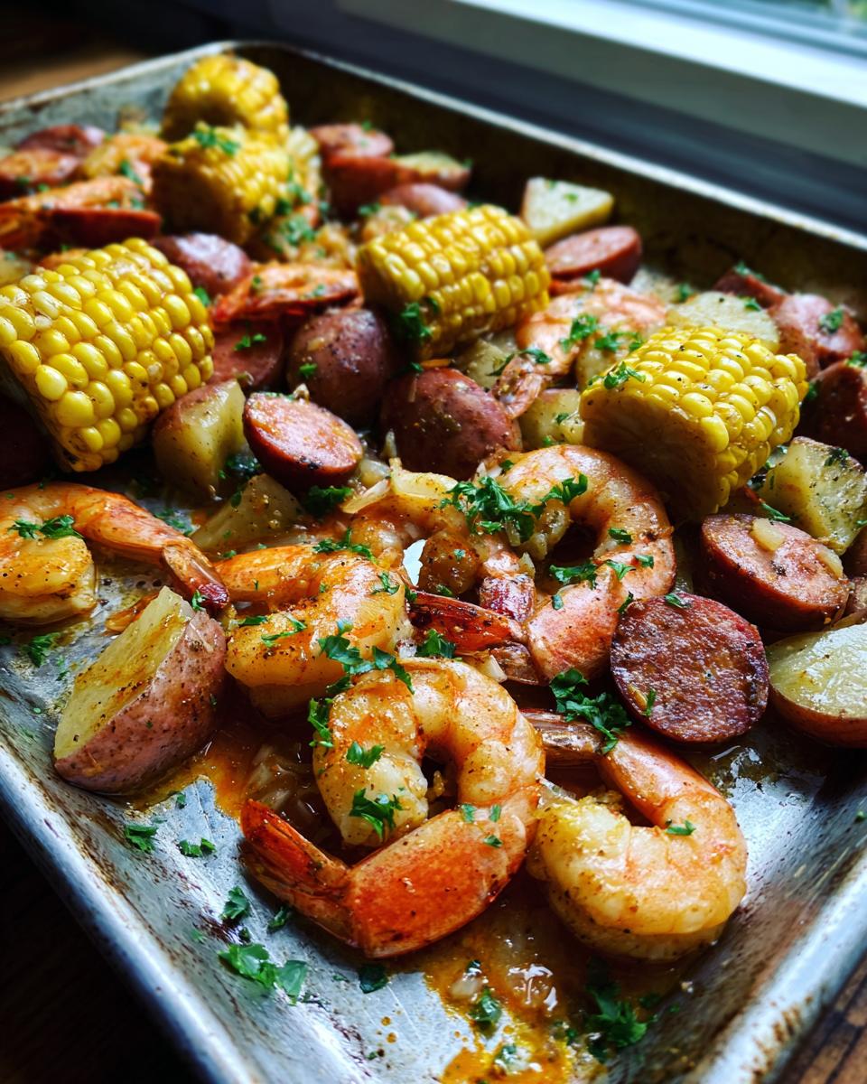 Close-up of a flavorful sheet pan shrimp boil featuring seasoned shrimp, corn on the cob pieces, and sliced sausage.