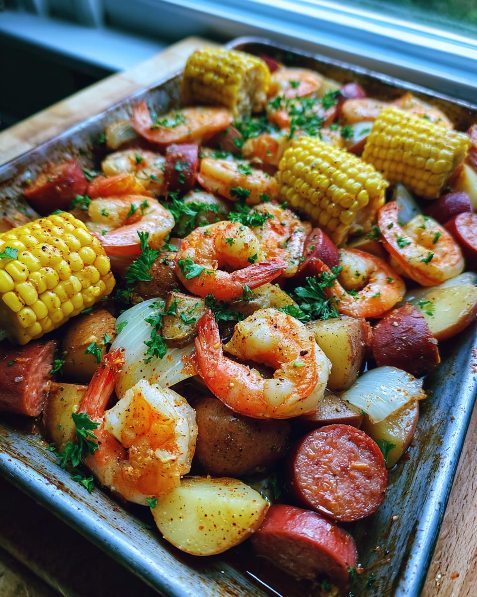 Close-up of a flavorful sheet pan shrimp boil featuring seasoned shrimp, corn on the cob pieces, sausage, and potatoes.