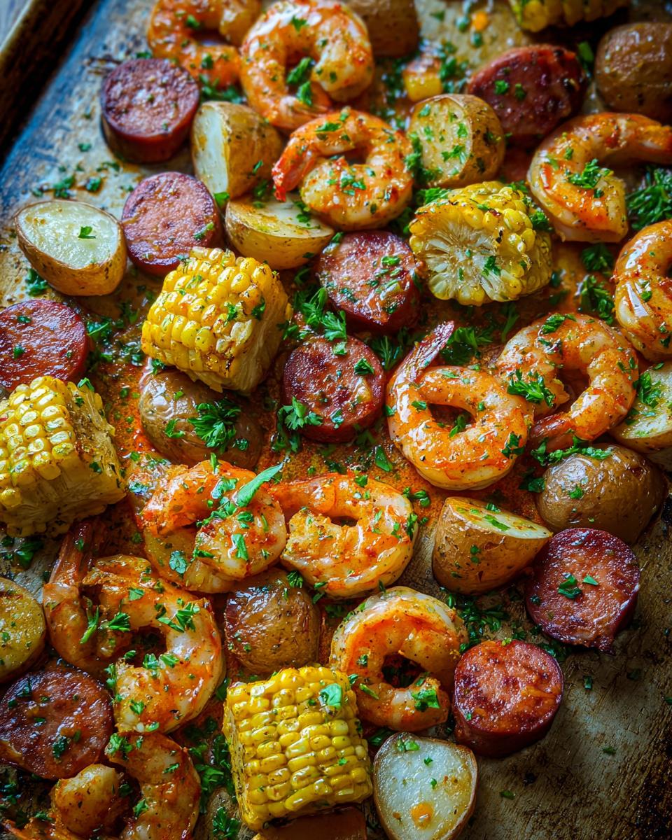 Close-up of seasoned shrimp, sausage, corn, and potatoes ready for a quick shrimp boil.