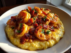 A close-up of creamy yellow shrimp and grits topped generously with seasoned shrimp and crumbled bacon.