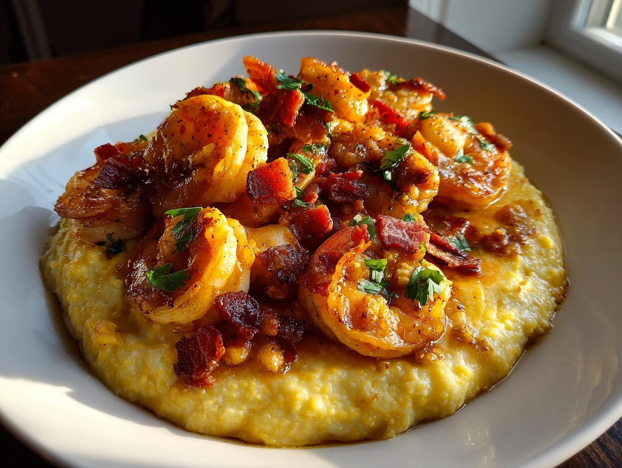 A close-up of creamy yellow shrimp and grits topped generously with seasoned shrimp and crumbled bacon.