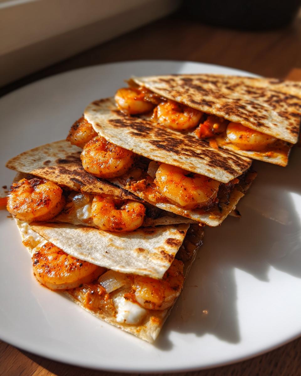 Four folded halves of a grilled shrimp quesadilla stacked on a white plate, showing seasoned shrimp and melted cheese.