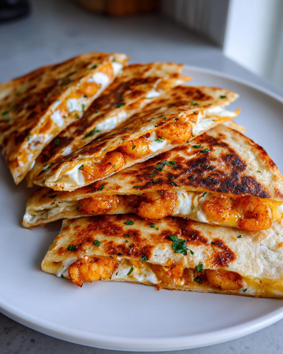 Four golden-brown, grilled wedges of shrimp quesadilla stacked on a white plate, showing cheesy filling and seasoned shrimp.