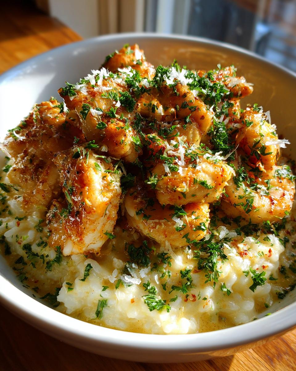 Close-up of shrimp scampi served over creamy garlic parmesan rice, garnished with parsley and cheese.